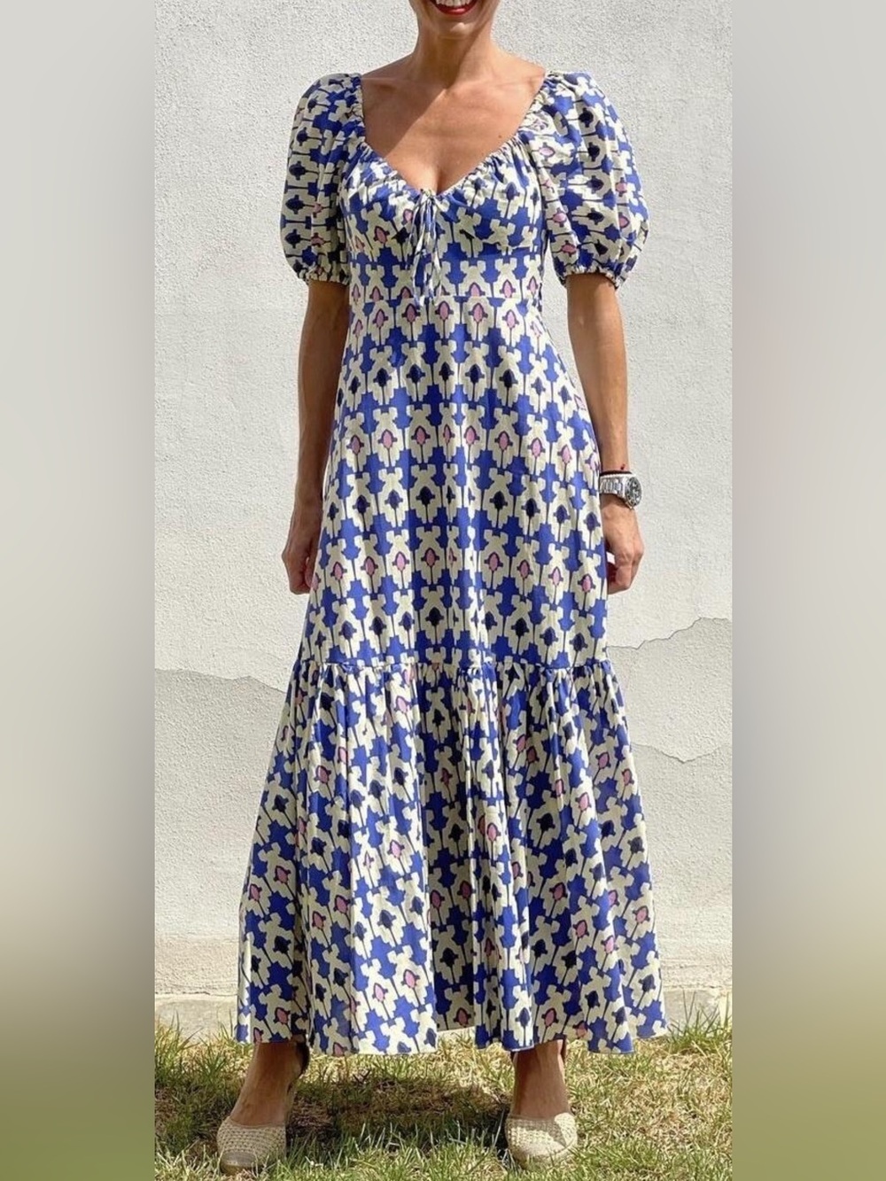 Zara Blue Patterned Puff-Sleeve Maxi Dress - Picture 3 of 4